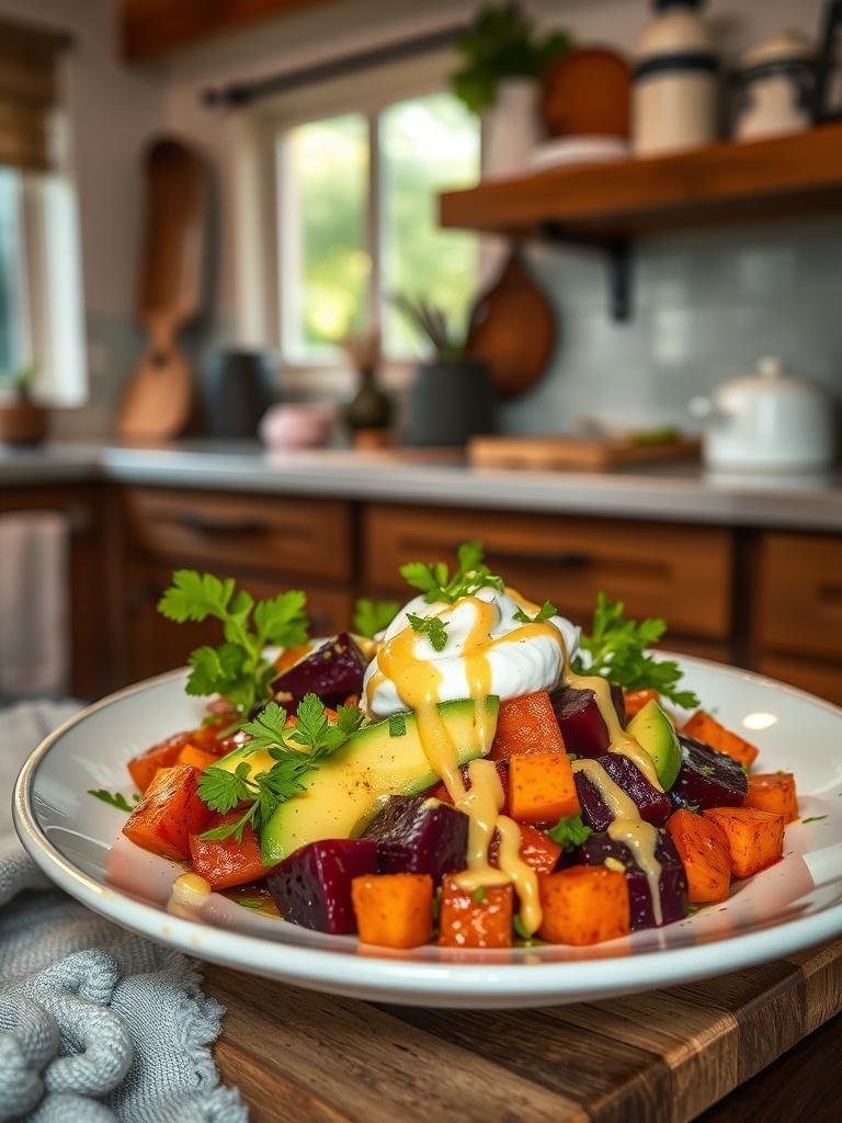 Roasted Beet, Sweet Potato & Avocado Salad with Whipped Ricotta & Lemon-Tahini Drizzle